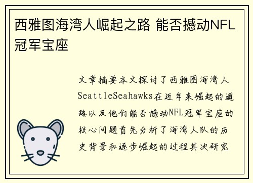 西雅图海湾人崛起之路 能否撼动NFL冠军宝座